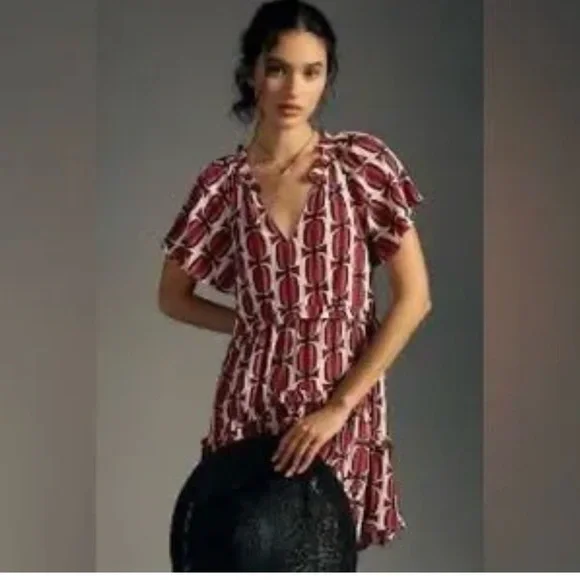 Anthropologie Red and White Printed V-Neck Tunic - Picture 1 of 2